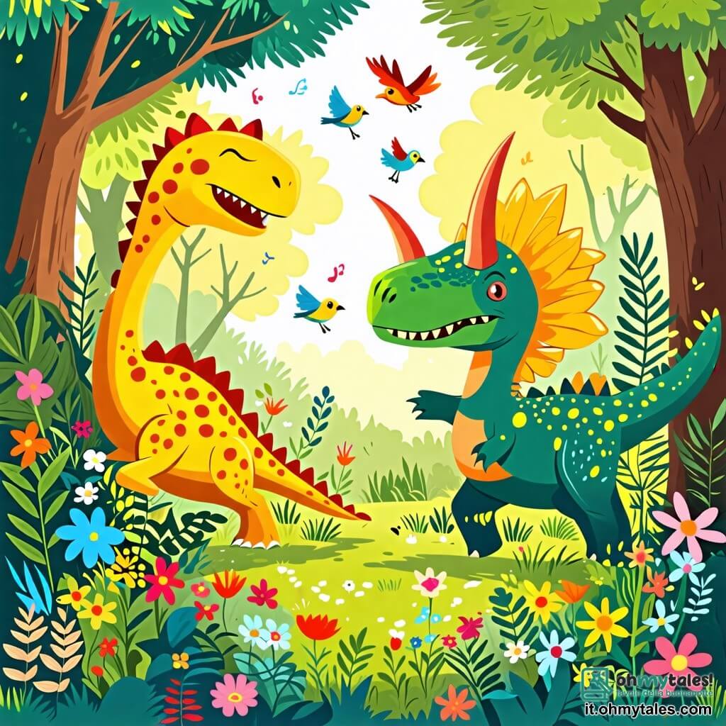 Une illustration sous forme de dessin destinée aux enfants représentant une forêt luxuriante et colorée, avec un vélociraptor aux plumes vertes et jaunes, courant joyeusement entre les arbres, tandis qu'un triceratops aux cornes majestueuses se cache derrière un buisson, riant et attendant de surprendre son ami dans une partie de cache-cache ensoleillée, avec des fleurs éclatantes et des oiseaux chantants ajoutant une ambiance joyeuse et ludique à la scène.