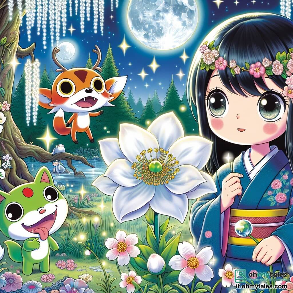 Une illustration sous forme de dessin destinée aux enfants représentant une radure enchantée illuminée par la lumière argentée de la lune, où une jeune femme aux cheveux noirs et brillants, vêtue d'un kimono bleu, se tient avec émerveillement devant un magnifique Fiore della Luna aux pétales scintillants, tandis qu'une volpe magique aux yeux malicieux l'observe depuis un arbre en fleurs, et un petit Kappa, une créature aquatique avec une carapace verte et un sourire timide, l'encourage avec des gestes amicaux, capturant ainsi le moment où la jeune femme s'apprête à réaliser son rêve de protéger son village grâce à la magie du fiore.