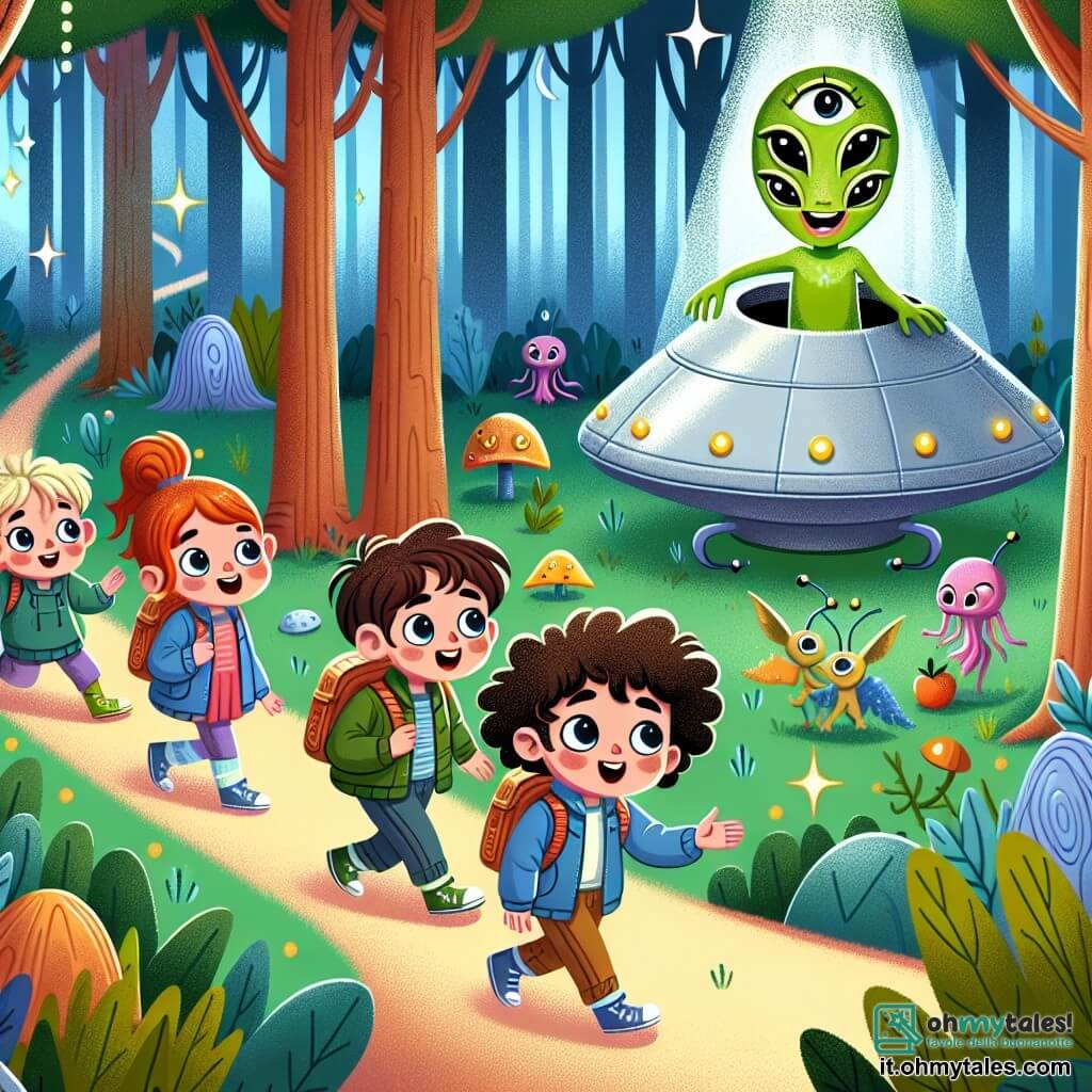 Une illustration sous forme de dessin destinée aux enfants représentant une scène colorée dans une forêt enchantée, où un groupe de garçons et de filles de 9 ans, aux cheveux bouclés et aux yeux pétillants, explore avec émerveillement une petite navette spatiale argentée, tandis qu'un extraterrestre vert lumineux avec trois yeux et des oreilles longues, souriant joyeusement, les guide vers un marché extraterrestre rempli de fruits étranges et de créatures fantastiques, illustrant l'amitié et l'aventure intergalactique.