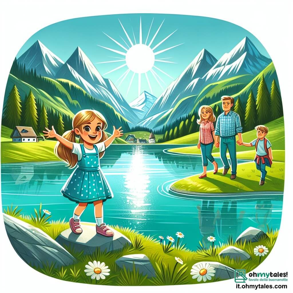 Une illustration destinée aux enfants représentant une fillette pleine d'enthousiasme en vacances d'été, accompagnée de sa famille, explorant un magnifique lac de montagne entouré de prati verdi et de montagne imposanti.