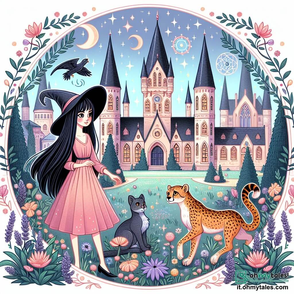 Une illustration destinée aux enfants représentant une jeune sorcière aux longs cheveux noirs, se tenant devant une école de magie entourée de tours pointues et de jardins fleuris, tandis qu'un guépard magique à la fourrure brillante observe avec curiosité, le tout se déroulant dans la ville enchantée de Cristallia.
