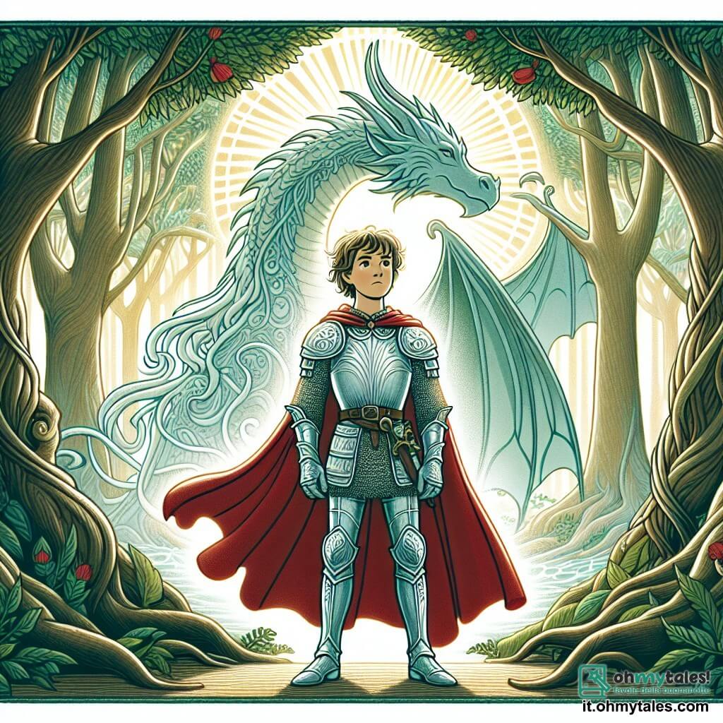 Une illustration destinée aux enfants représentant un jeune homme courageux, vêtu d'une armure étincelante, se tenant devant un dragon majestueux dans une forêt enchantée, où les arbres semblent danser au rythme des murmures du vent, tandis que des rayons de soleil filtrent à travers les feuilles pour créer un halo magique.