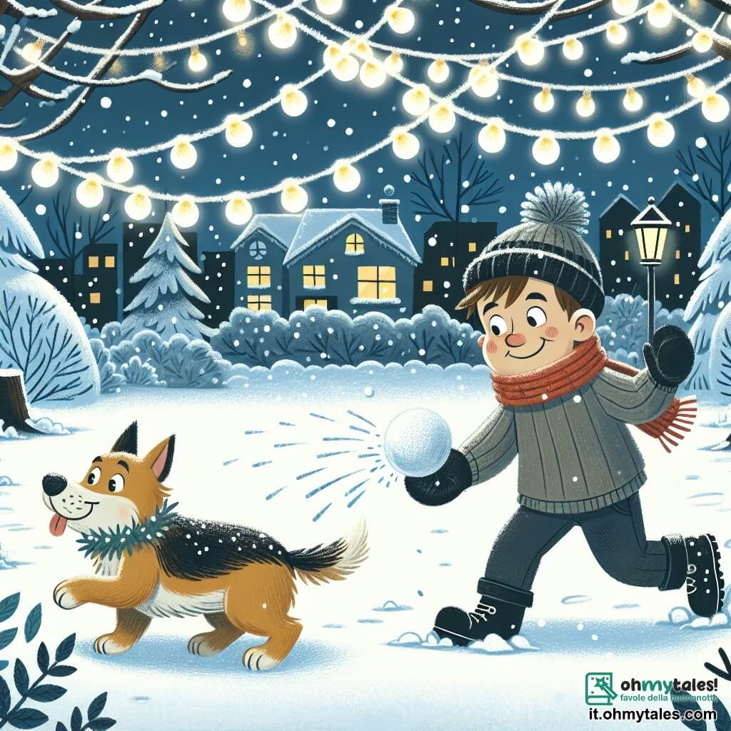 Une illustration destinée aux enfants représentant un garçon maladroit se lançant dans une bataille de boules de neige avec son chien espiègle dans un parc enneigé aux arbres recouverts de guirlandes lumineuses scintillantes.