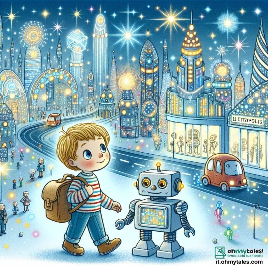 Une illustration destinée aux enfants représentant un garçon curieux explorant une ville futuriste pleine de lumières scintillantes et de robots, accompagné de son fidèle robot domestique, dans la magnifique cité d'Elettopolis.