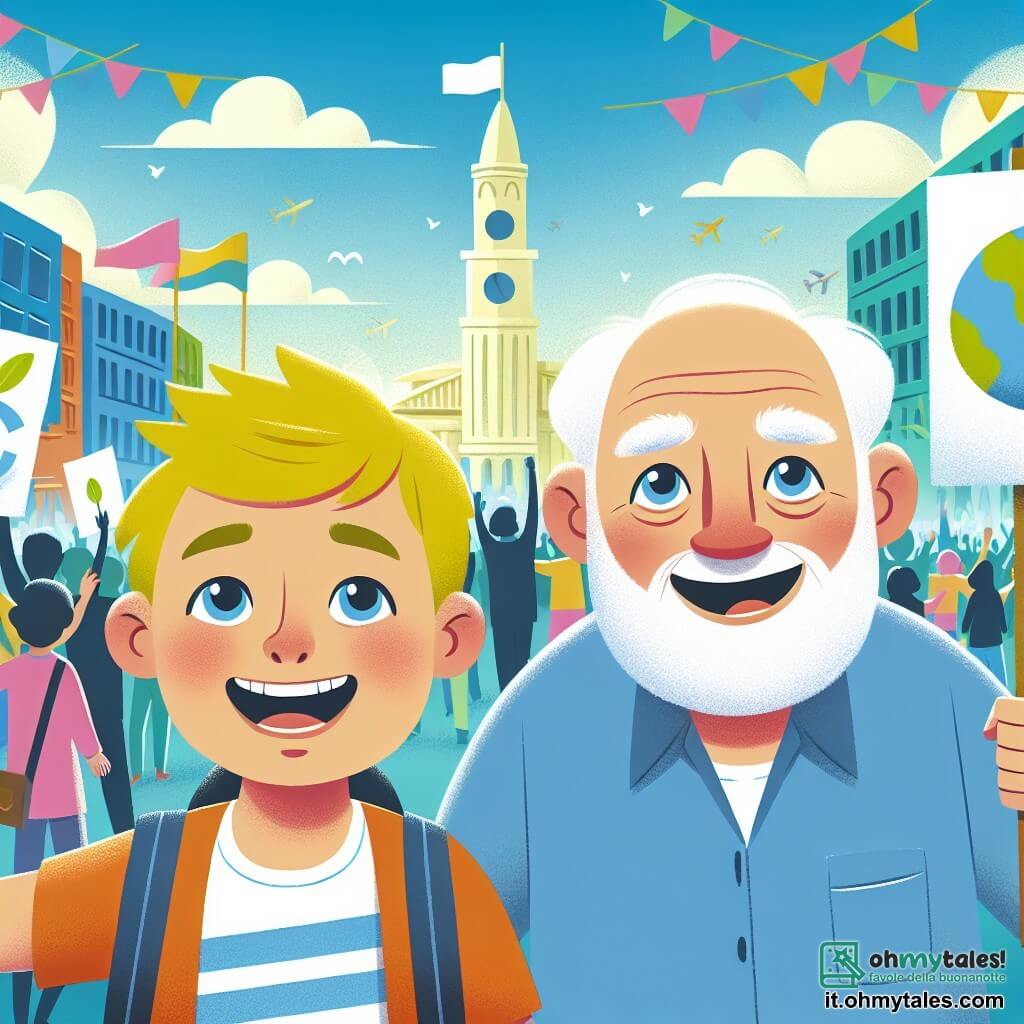 Une illustration destinée aux enfants représentant un garçon aux yeux brillants participant à une manifestation colorée contre le changement climatique, accompagné d'un homme âgé au sourire bienveillant, sur une place publique animée par des banderoles et des drapeaux, sous un ciel bleu azur.