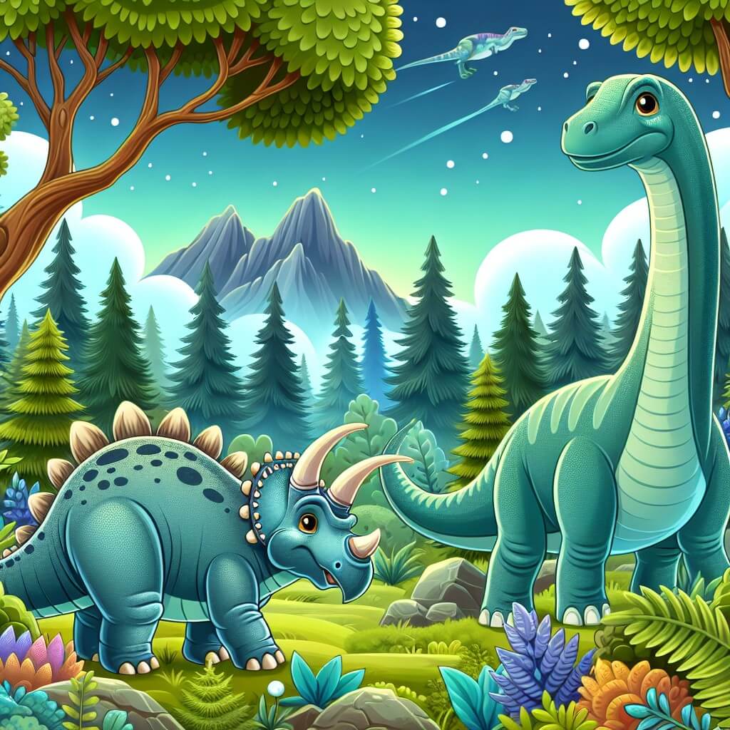 Une illustration destinée aux enfants représentant un majestueux diplodocus se trouvant dans une vallée enchantée, accompagné d'un triceratops amical, tandis qu'ils explorent une forêt préhistorique pleine de mystères.