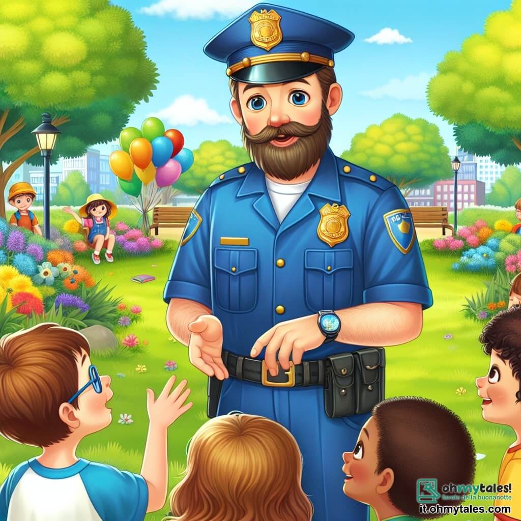 Illustrazione che rappresenta un parco soleggiato, pieno di fiori colorati e alberi verdi. Al centro, un uomo in uniforme di poliziotto, con una folta barba e un sorriso caloroso, si china verso un gruppo di bambini. Indossa un cappello blu decorato con un distintivo lucido e un'uniforme blu che scintilla al sole. Tra i bambini, un ragazzo di circa 10 anni, con capelli castani disordinati e occhi vivaci, alza la mano con entusiasmo, mentre una ragazza di 9 anni, con capelli ricci e un viso sorridente, ascolta attentamente. Un altro ragazzo, un po' più grande, con occhiali e uno sguardo curioso, osserva la scena prendendo appunti su un piccolo quaderno. La situazione principale mostra il poliziotto che spiega l'importanza della sicurezza e della solidarietà nella comunità, circondato da bambini affascinati dalle sue parole. Palloncini colorati fluttuano nell'aria e un piccolo cane di peluche è posato sul terreno, simboleggiando aiuto e amicizia. L'atmosfera è gioiosa e coinvolgente, illustrando un momento di apprendimento e condivisione tra il poliziotto e i bambini.