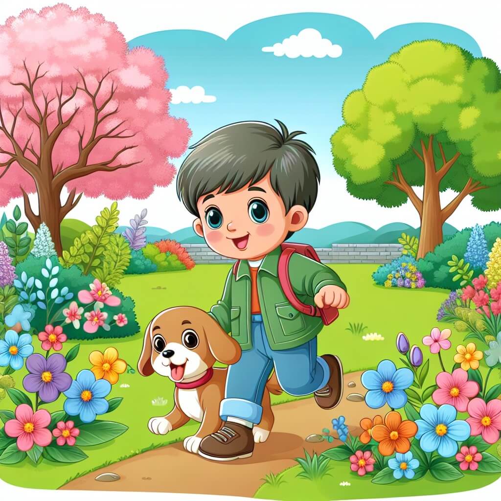 Une illustration destinée aux enfants représentant un jeune garçon plein d'énergie, partant à l'aventure dans un magnifique parc printanier, accompagné d'un ami curieux, entouré de fleurs colorées et d'arbres en fleurs.
