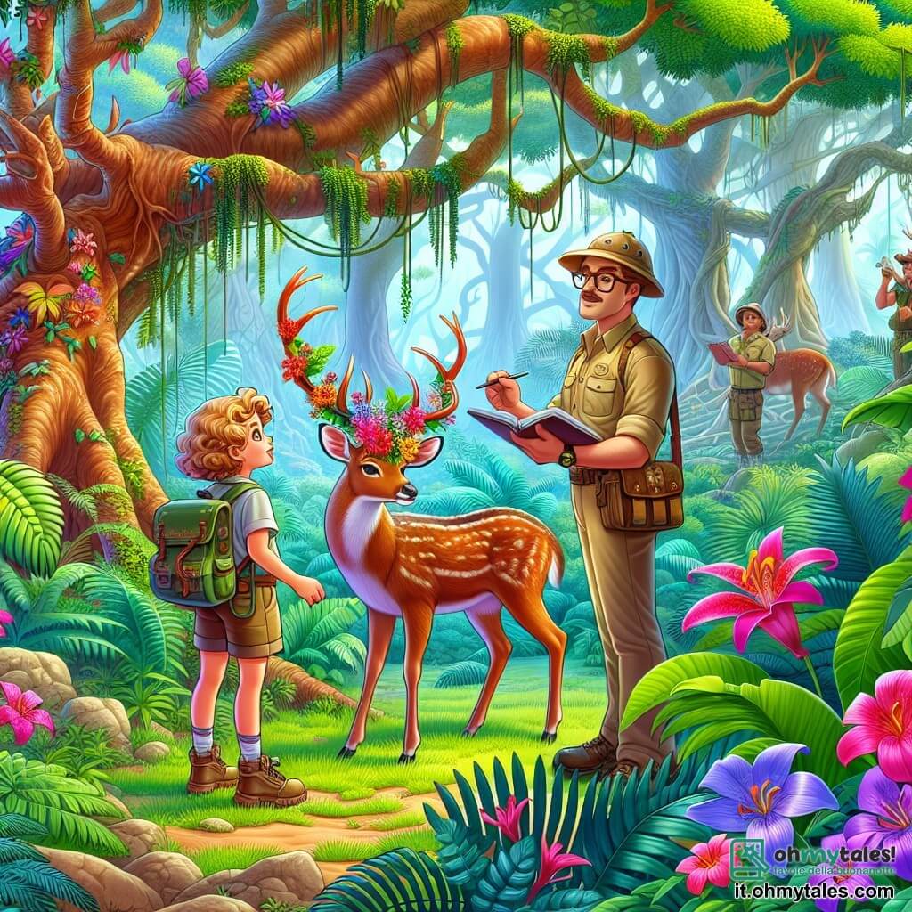 Une illustration sous forme de dessin destinée aux enfants représentant une jungle luxuriante et colorée, avec des arbres géants aux feuilles brillantes et des fleurs exotiques, où une jeune fille aux cheveux blonds et bouclés, vêtue d'un short et d'un t-shirt d'exploratrice, observe avec émerveillement un majestueux cerf aux cornes ornées de fleurs, tandis qu'un homme grand et mince, portant des lunettes et un chapeau de safari, prend des notes sur un carnet, tous deux se préparant à défendre la créature contre des bandits menaçants qui s'approchent furtivement à travers la végétation dense.