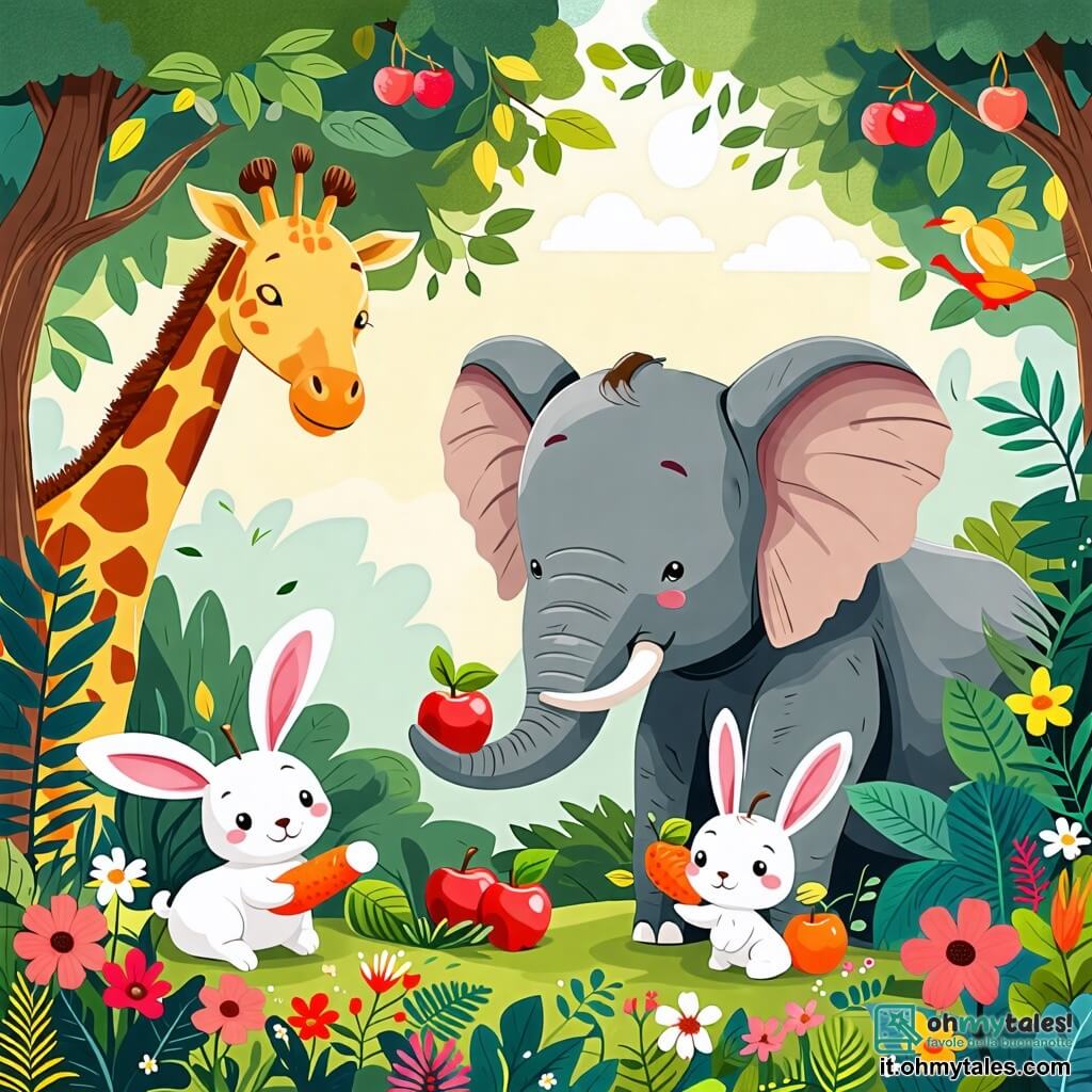 Une illustration sous forme de dessin destinée aux enfants représentant une jungle luxuriante avec des arbres majestueux et des fleurs colorées, où un grand éléphant gris aux grandes oreilles et à la trompe enroulée est en train de ramasser des pommes rouges brillantes avec sa trompe, tandis qu'à ses côtés, une élégante girafe au long cou se penche pour attraper des feuilles vertes, et un petit lapin blanc aux grandes oreilles saute joyeusement en tenant une carotte orange, le tout évoquant un moment de partage et d'amitié entre ces animaux dans un cadre ensoleillé et joyeux.