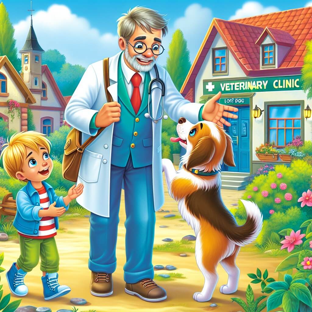 Une illustration destinée aux enfants représentant un vétérinaire passionné et bienveillant, se tenant devant sa clinique vétérinaire colorée, accueillant un chien smarrito et accompagné d'un jeune garçon aux yeux brillants, dans une petite ville ensoleillée entourée de verdure et de fleurs.