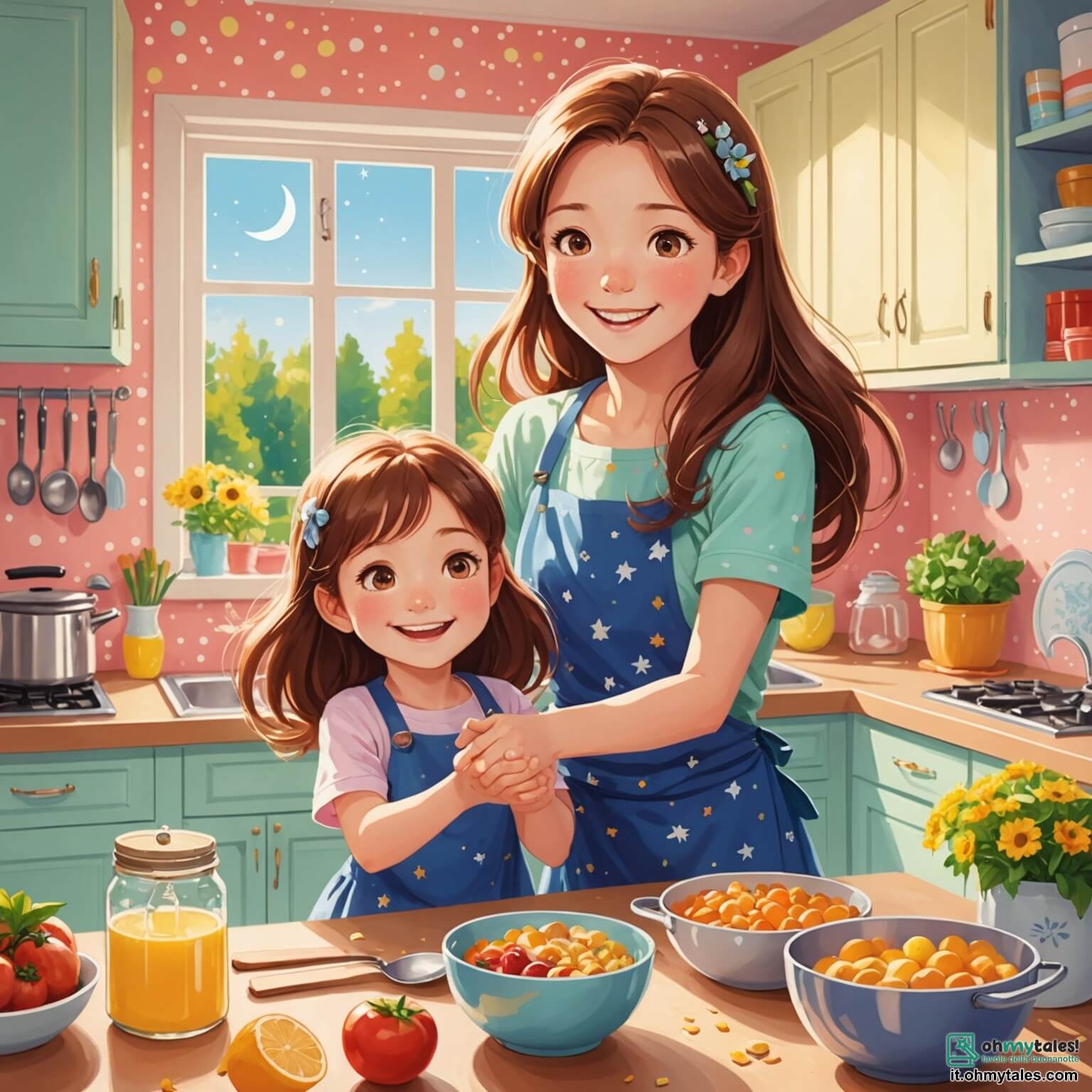 Une illustration destinée aux enfants représentant une petite fille aux longs cheveux châtains, avec des yeux pétillants comme des étoiles, qui s'active joyeusement dans une cuisine ensoleillée, entourée de couleurs vives et de senteurs délicieuses, tandis qu'une maman souriante, au regard chaleureux et aux bras ouverts, l'encourage à préparer une surprise pour la fête des mères, le tout dans une maison accueillante aux murs peints de pastel et ornée de dessins d'enfants.