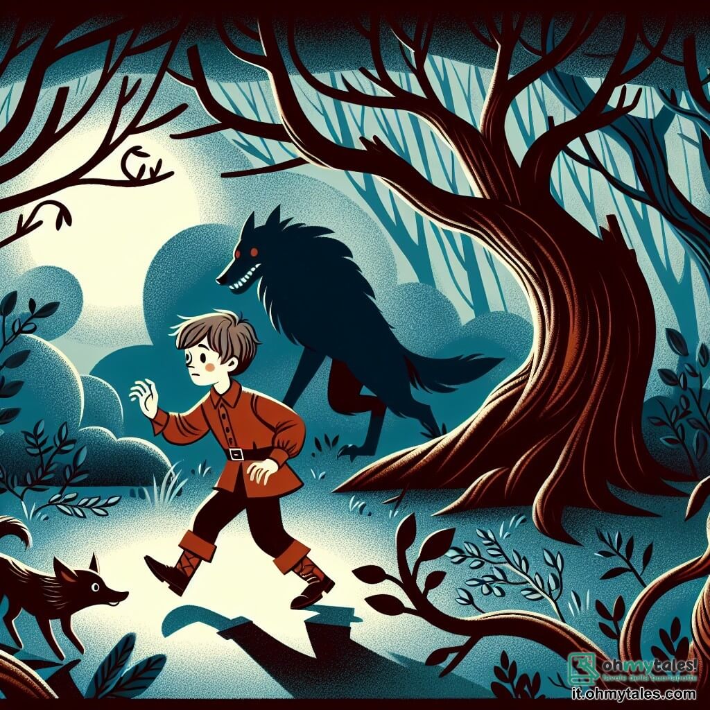Une illustration destinée aux enfants représentant un jeune garçon courageux explorant un mystérieux bosquet hanté par un loup fantomatique, dans un sombre et enchanteur bosquet aux arbres noueux et aux ombres dansantes.