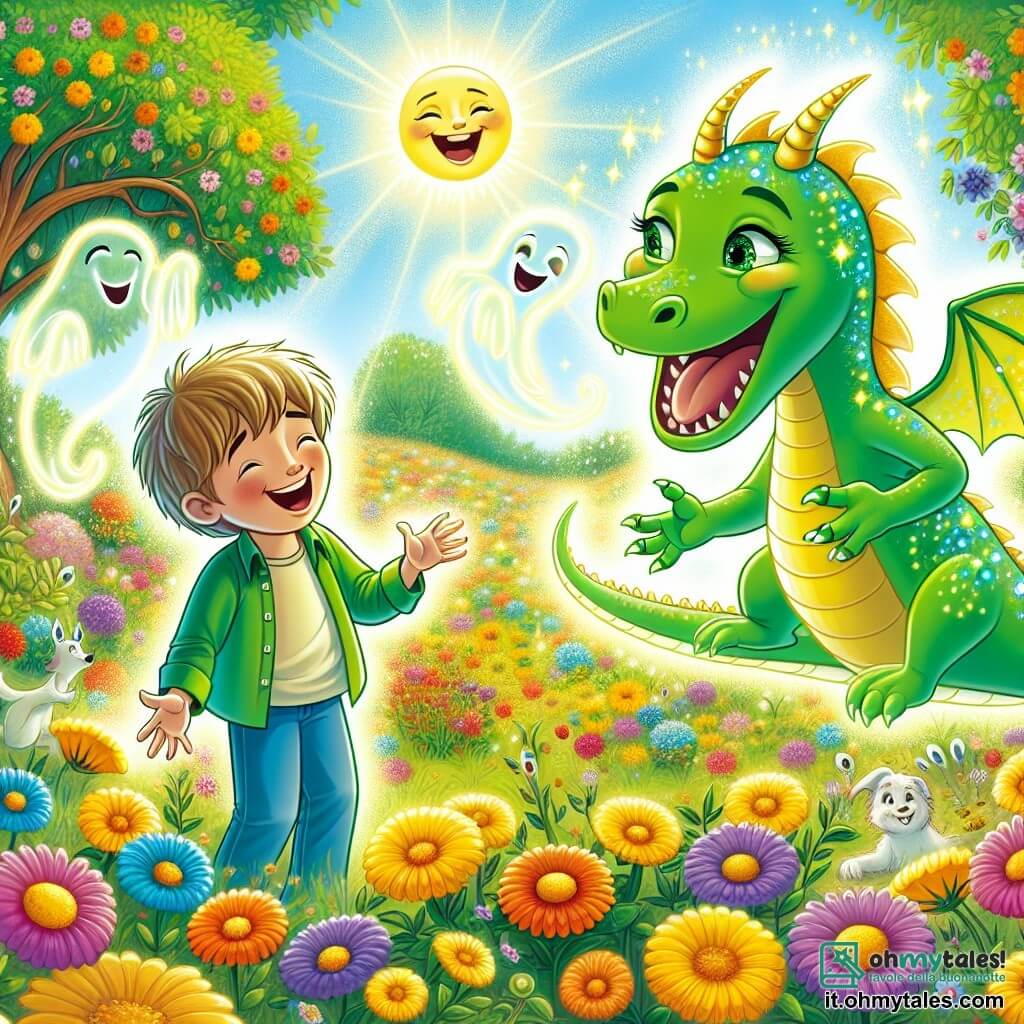 Une illustration sous forme de dessin destinée aux enfants représentant un vaste et coloré jardin ensoleillé, rempli de fleurs éclatantes et d'arbres dansants, où un fantôme souriant, translucide et joyeux, flotte dans les airs en racontant une blague, tandis qu'un garçon curieux aux cheveux bruns et un dragon vert aux écailles scintillantes, aux yeux pétillants de malice, rient ensemble, entourés d'animaux enchantés qui écoutent attentivement, capturant l'esprit d'une joyeuse aventure pleine de rires et d'amitié.