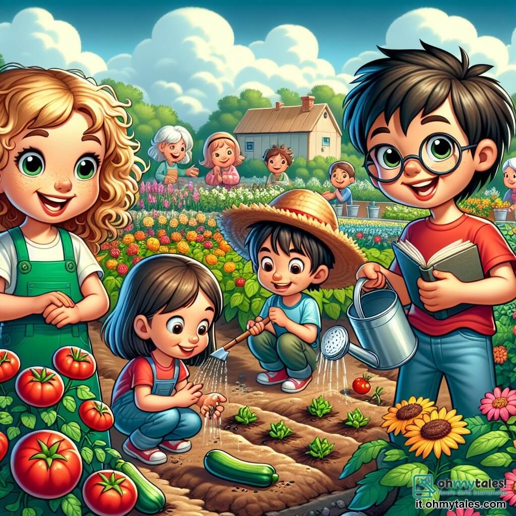 Illustrazione che rappresenta un giardino comunitario colorato, pieno di fiori vivaci e ortaggi freschi. Al centro, un grande aiuola di terra marrone dove crescono piante di pomodori rossi e zucchine verdi sotto un cielo blu punteggiato di nuvole bianche. Quattro bambini, due ragazze e due ragazzi di circa otto anni, lavorano insieme. Una ragazza dai capelli ricci e biondi, con una salopette verde, sorride mentre tiene un annaffiatoio. Accanto a lei, un ragazzo dai capelli castani e corti, vestito con una maglietta rossa, scava un piccolo buco nella terra con una piccola pala. L'altra ragazza, con capelli lunghi e castani, indossa un cappello di paglia e osserva con meraviglia un lombrico che ha trovato. Infine, un ragazzo con occhiali e capelli neri, in maglietta blu, prende appunti in un piccolo quaderno. Sullo sfondo, famiglie del villaggio si radunano per una festa, con tavoli imbanditi di piatti fatti in casa, creando un'atmosfera gioiosa e festosa. Farfalle volano intorno ai fiori, aggiungendo un tocco di magia a questa scena estiva.