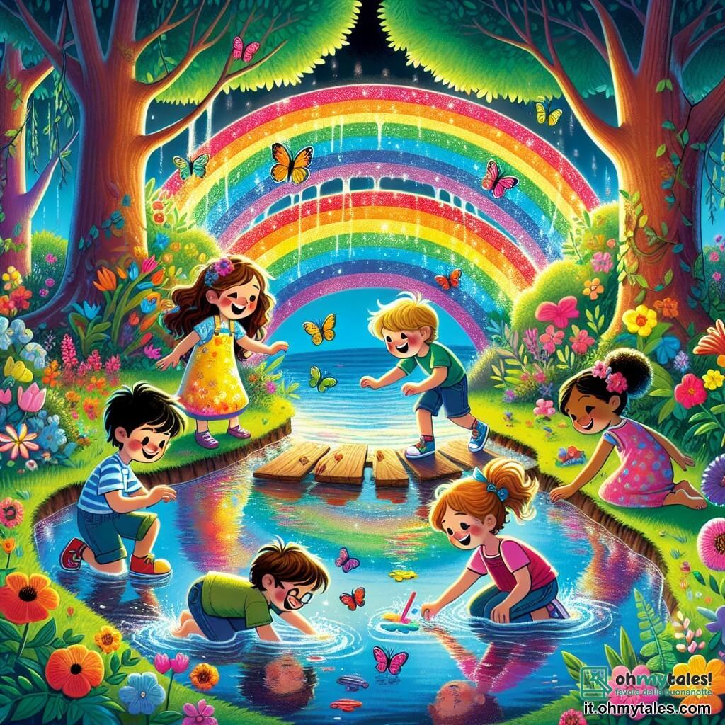Illustrazione che rappresenta un grande ruscello scintillante nei colori dell'arcobaleno, circondato da fiori colorati e alberi con foglie a forma di libri. Sulla riva del ruscello, quattro bambini sono riuniti: una ragazza di circa 8 anni con lunghi capelli castani e un vestito giallo, che sorride tenendo la mano dei suoi amici; un ragazzo di 9 anni con capelli biondi arruffati, che indossa una maglietta blu e salta gioiosamente nell'acqua; una ragazza di 7 anni con due trecce e un vestito rosa, che guarda meravigliata i riflessi colorati nell'acqua; e un ragazzo di 8 anni con occhiali e un maglione verde, che costruisce un piccolo ponte con dei rami. La scena emana un'atmosfera di gioia e amicizia, con scoppi di risate e schizzi d'acqua, illustrando il momento magico in cui i bambini scoprono la forza dell'amicizia sulla riva del ruscello. Farfalle colorate volano attorno a loro, aggiungendo un tocco di magia a questo quadro incantevole.