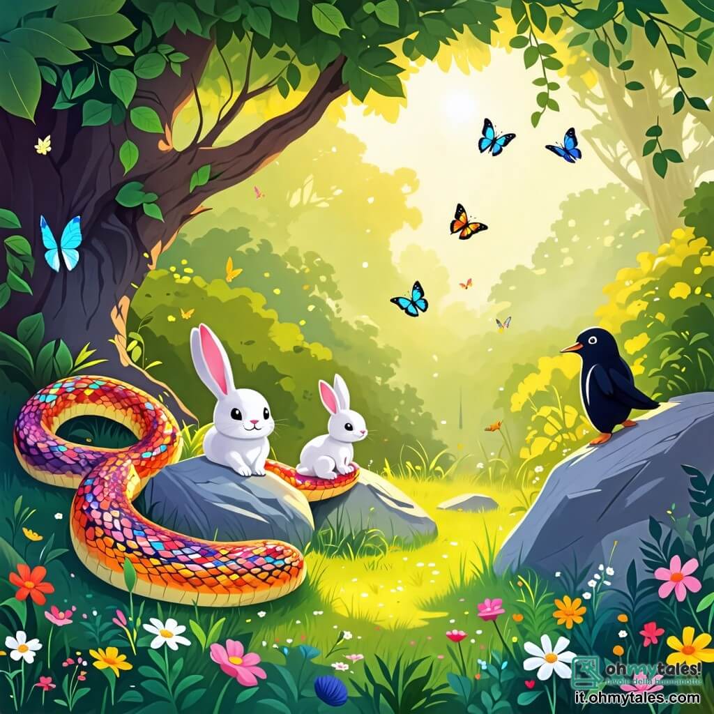 Une illustration sous forme de dessin destinée aux enfants représentant une radure verdoyante baignée de lumière, avec un serpent aux écailles brillantes et colorées, enroulé autour d'un gros rocher, observant avec curiosité ses amis, une petite coniglietta aux grandes oreilles blanches qui se cache derrière un arbre, et un pinguino aux plumes douces et noires, comptant joyeusement jusqu'à dix, tandis que des fleurs colorées et des papillons virevoltent autour d'eux, capturant l'instant amusant du jeu de cache-cache.