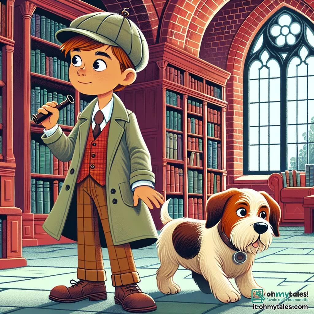 Une illustration destinée aux enfants représentant un jeune garçon curieux et déterminé, accompagné de son fidèle chien détective, explorant une vieille bibliothèque en briques rouges aux fenêtres ad arches, à la recherche d'un mystérieux trésor caché.