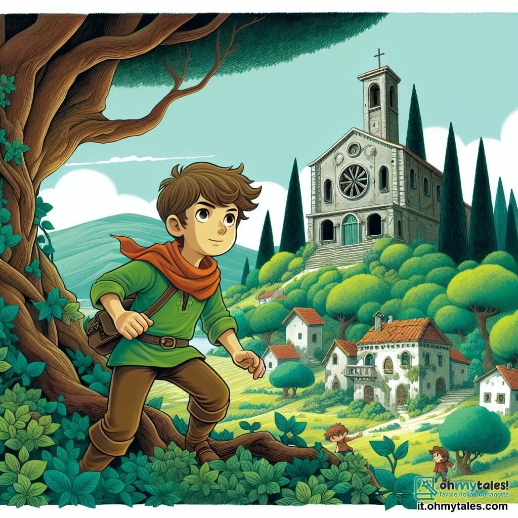 Une illustration destinée aux enfants représentant un jeune garçon curieux et déterminé, accompagné de ses fidèles amis, explorant une mystérieuse maison abandonnée perchée au sommet d'une colline verdoyante et entourée d'arbres majestueux dans le petit village de Borgofiorito.