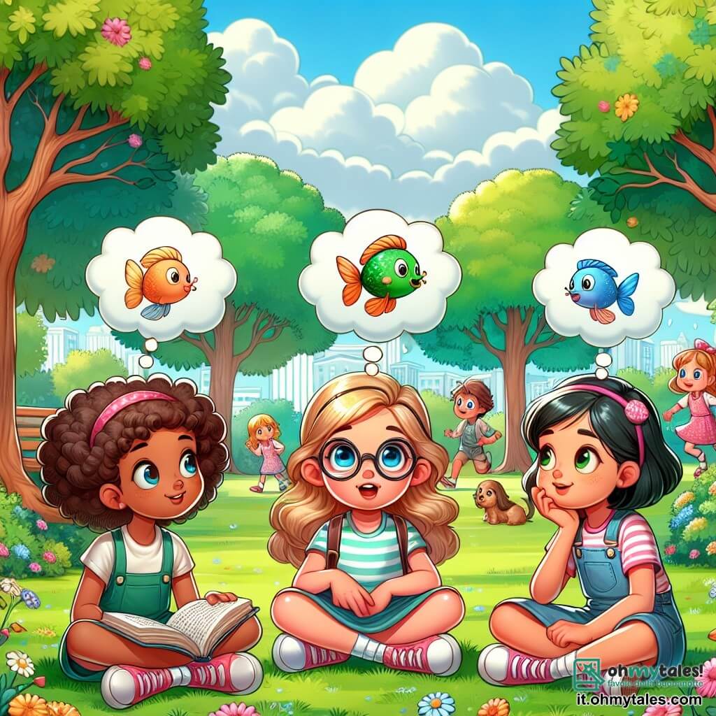 Illustrazione che rappresenta un pomeriggio soleggiato in un parco verdeggiante, con alberi dalle foglie brillanti e fiori colorati che danzano dolcemente nel vento. Al centro dell'immagine, tre ragazze di circa 10 anni sono sedute sull'erba. Una di esse, con capelli castani e occhiali, ha un sorriso malizioso e tiene un libro aperto sulle ginocchia. La seconda, con capelli biondi e ricci, guarda l'amica con occhi spalancati, mentre la terza, con capelli neri e lisci, sembra un po' nervosa, con le mani unite sulle ginocchia. La scena cattura il momento in cui discutono di una storia incredibile su un pesce parlante, con fumetti colorati che mostrano i loro pensieri ed emozioni. Sullo sfondo, dei bambini giocano a palla e un cane corre felicemente, aggiungendo un'atmosfera giocosa e vivace. Nuvole bianche fluttuano nel cielo blu, e una panchina di legno è visibile, sottolineando l'atmosfera pacifica del parco.