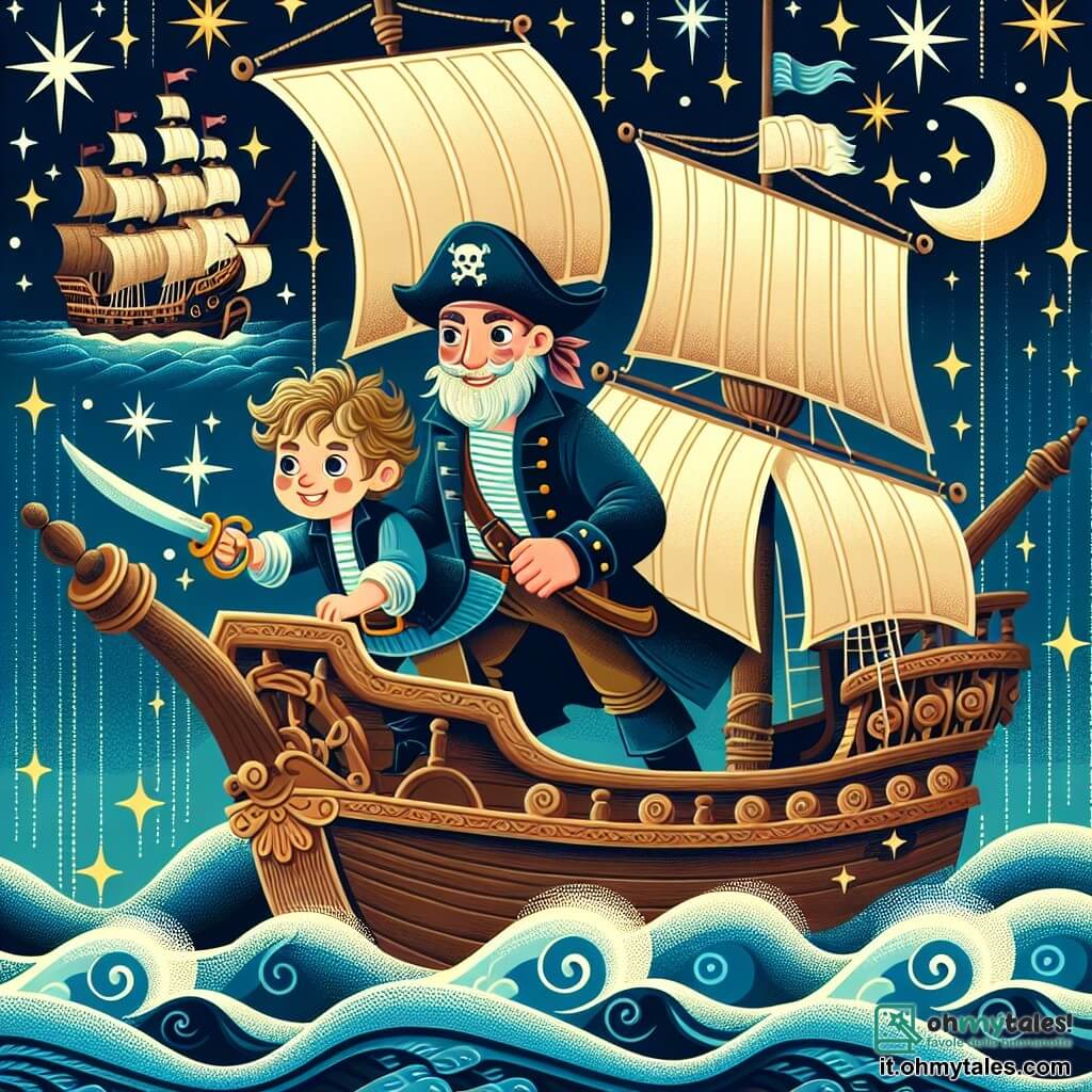 Une illustration destinée aux enfants représentant un homme intrépide, un garçon courageux, sur le pont d'un majestueux navire pirate, le "Dragon des Mers", voguant à travers des vagues scintillantes sous un ciel étoilé, à la recherche du trésor légendaire du pirate Barbanera.