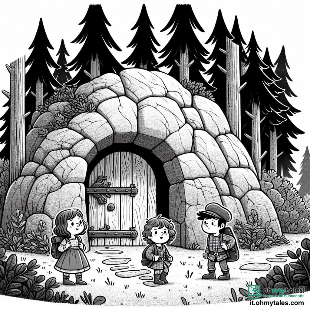 Une illustration destinée aux enfants représentant une petite fille intrépide, un garçon courageux, une fille curieuse et un garçon déterminé, se tenant devant une imposante porte de bois incrustée dans une roccia, prêts à entrer dans un tunnel mystérieux entouré de grands alberi dans un bosco fitto et misterioso.