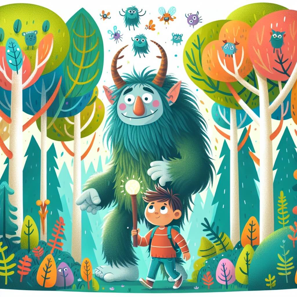 Une illustration destinée aux enfants représentant un troll farfelu et poilu se trouvant dans une forêt enchantée remplie d'arbres colorés, accompagné d'un jeune garçon curieux, où ils vont résoudre un mystère et ramener le rire dans la vie des créatures de la forêt.
