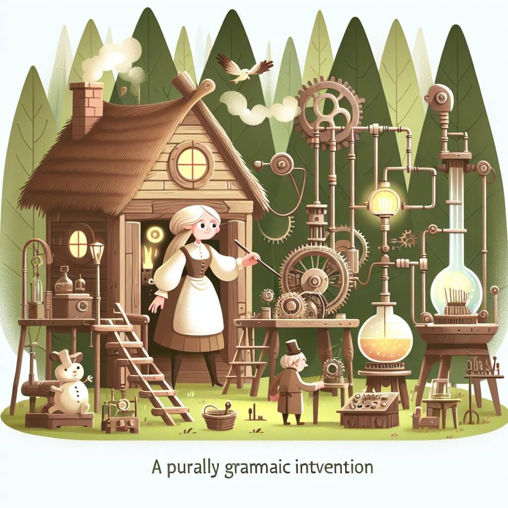 Une illustration destinée aux enfants représentant une femme inventrice farfelue, entourée de machines étranges, se trouvant dans une petite maisonnette au cœur d'une forêt enchantée, tandis qu'elle crée une invention incroyable.