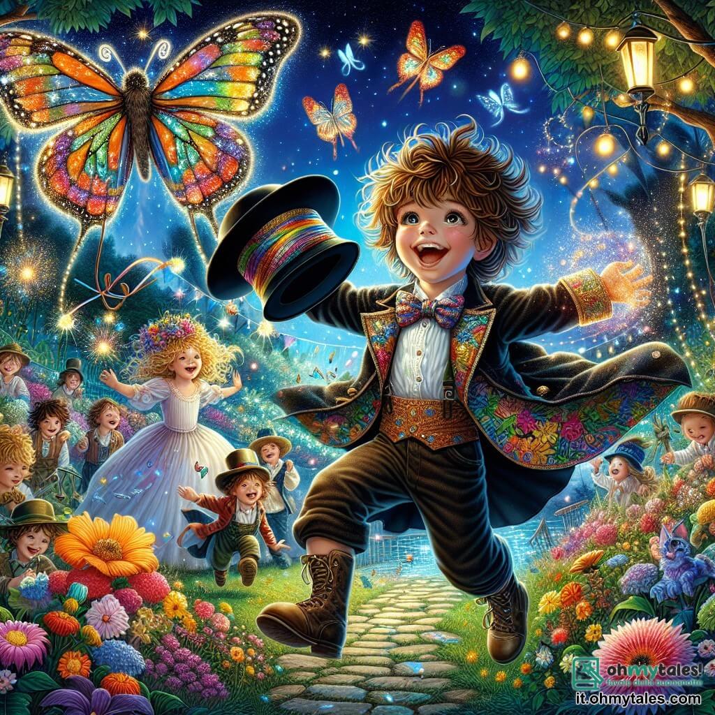 Illustrazione che rappresenta un magnifico giardino magico, pieno di fiori colorati e alberi scintillanti sotto un cielo stellato. Al centro della scena, un ragazzo di 9 anni, con i capelli castani disordinati e un grande cappello di paglia decorato con disegni colorati, salta di gioia con un grande sorriso sul volto. Tiene in mano un cappello a cilindro nero, mentre guarda intorno a sé con meraviglia. Accanto a lui, una farfalla gigante dalle ali multicolori, che fluttua graziosamente, sembra incoraggiarlo. Sullo sfondo, risate e lampi di luce provengono da un gruppo di bambini di diverse età, tra cui una ragazza con i capelli biondi e ricci, che danza felice tenendo palloni colorati. La scena emana un'atmosfera di festa e magia, con lucciole che illuminano l'aria e risate di bambini che risuonano nel giardino.