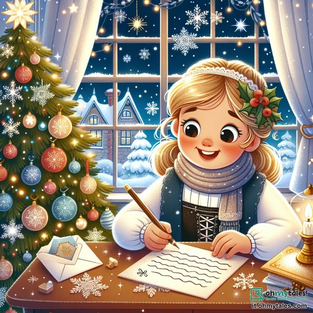 Une illustration destinée aux enfants représentant une petite fille joyeuse, entourée de flocons de neige scintillants, découvrant une lettre mystérieuse sur son bureau, avec en arrière-plan un magnifique sapin de Noël décoré et une fenêtre donnant sur un paysage enneigé.