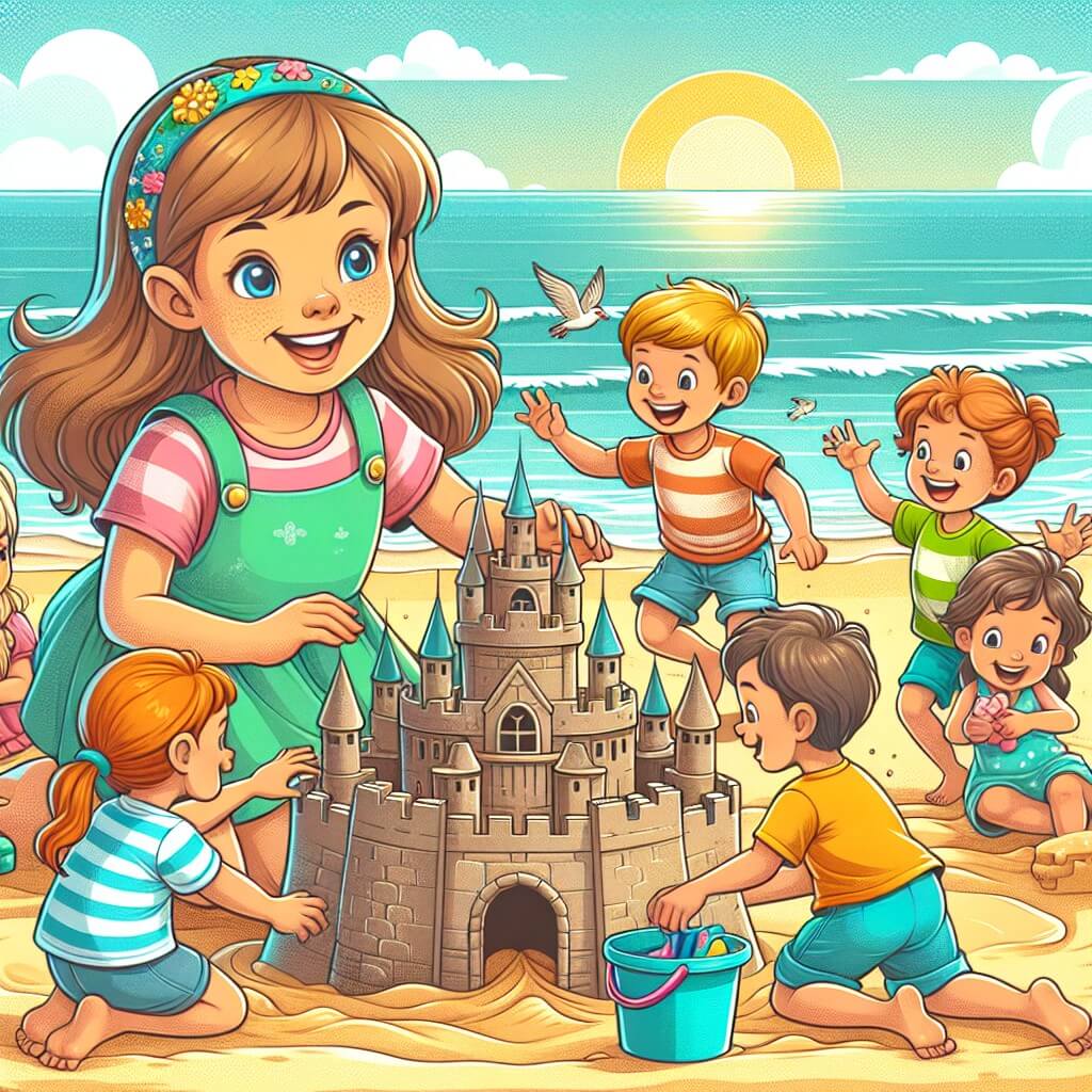 Une illustration destinée aux enfants représentant une petite fille pleine de vie, jouant joyeusement avec un groupe d'enfants autour d'un magnifique château de sable sur une plage ensoleillée.