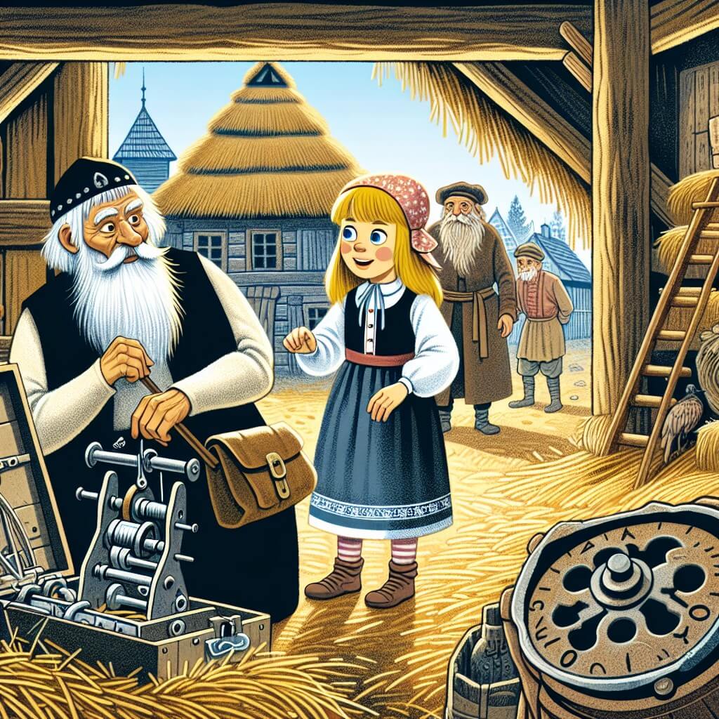 Une illustration destinée aux enfants représentant une petite fille curieuse et aventureuse qui découvre un mystérieux macchinario del tempo dans un grenier poussiéreux, accompagnée d'un sage vieux homme, dans un village ancien entouré de maisons de paille et d'habitants vêtus de costumes traditionnels.