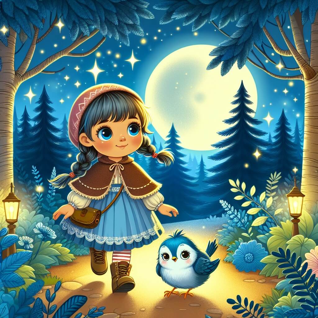 Une illustration destinée aux enfants représentant une petite fille intrépide et curieuse, se tenant debout dans une forêt enchantée, accompagnée d'un adorable petit oiseau blessé, tandis que la lueur rassurante de la lune éclaire leur chemin à travers les arbres majestueux et les étoiles scintillantes.