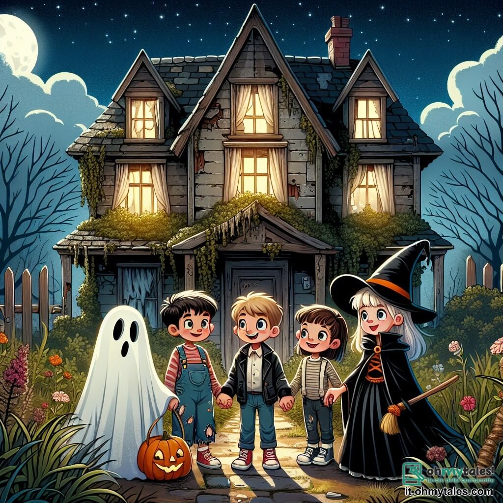 Illustrazione che rappresenta una vecchia casa abbandonata alla fine di una strada, con finestre rotte e una porta di legno che scricchiola. Il giardino è invaso da piante alte e rovi, sotto un cielo notturno illuminato da una luna piena. Quattro bambini, due ragazzi e due ragazze, si trovano davanti alla casa. Il primo ragazzo, di circa 11 anni, indossa un grande cappello da strega e un lenzuolo bianco come costume da fantasma, con occhi brillanti di curiosità. La seconda ragazza, anch'essa di circa 11 anni, è travestita da vampiro, con denti aguzzi e un mantello nero svolazzante, mostrando un sorriso audace. Il terzo ragazzo, un po' più timido, è vestito da mummia, con bende avvolte attorno a lui, guardando la casa con un'espressione di apprensione. L'ultima ragazza, coraggiosa, indossa un costume da strega con un vestito nero e una scopa in mano, pronta ad entrare. La scena mostra i bambini tenendosi per mano, pronti a varcare la soglia della casa, mentre una leggera nebbia si solleva attorno a loro, aggiungendo un tocco di mistero. Lanterna a forma di zucca illuminano il sentiero e ombre danzano sui muri della casa, creando un'atmosfera sia spaventosa che eccitante.