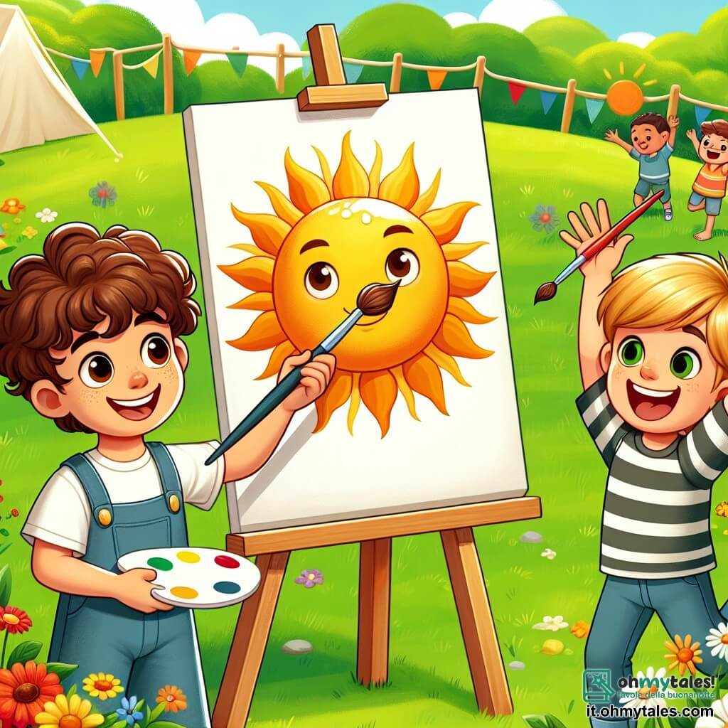 Une illustration sous forme de dessin destinée aux enfants représentant un grand pré verdoyant ensoleillé, avec un garçon de 7 ans aux cheveux bruns et bouclés, souriant et tenant un pinceau dans une main, en train de peindre un grand soleil jaune sur une toile, tandis qu'un autre garçon aux cheveux blonds et lisses, vêtu d'un t-shirt rayé, l'encourage en levant les bras avec enthousiasme, le tout entouré de fleurs colorées et d'amis qui s'amusent en arrière-plan, capturant l'esprit joyeux des vacances d'été au camp.