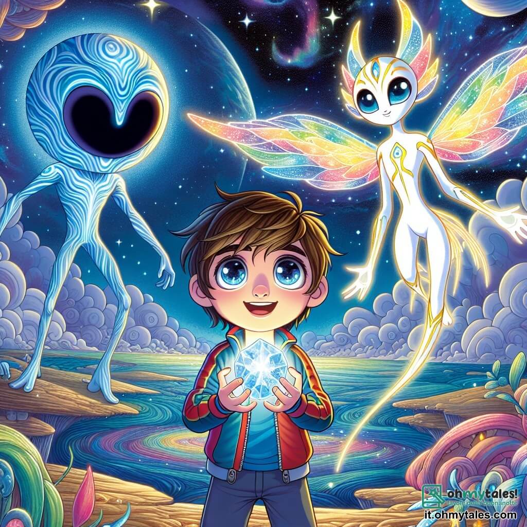 Une illustration sous forme de dessin destinée aux enfants représentant un paysage fantastique de la planète Lumina, avec un ciel bleu intense et des nuages iridescents, où un garçon de 9 ans aux cheveux bruns et aux yeux pétillants, vêtu d'une combinaison spatiale colorée, se tient courageusement au centre, tenant un cristallo lumineux dans ses mains, tandis qu'à ses côtés, une créature extraterrestre bleue, élancée et aux grands yeux ronds, ainsi qu'une Lumina aux ailes d'arc-en-ciel, l'encouragent avec des sourires rayonnants, alors qu'ils se préparent à affronter une ombre menaçante qui plane au-dessus d'eux, symbolisant la lutte entre la lumière et l'obscurité.
