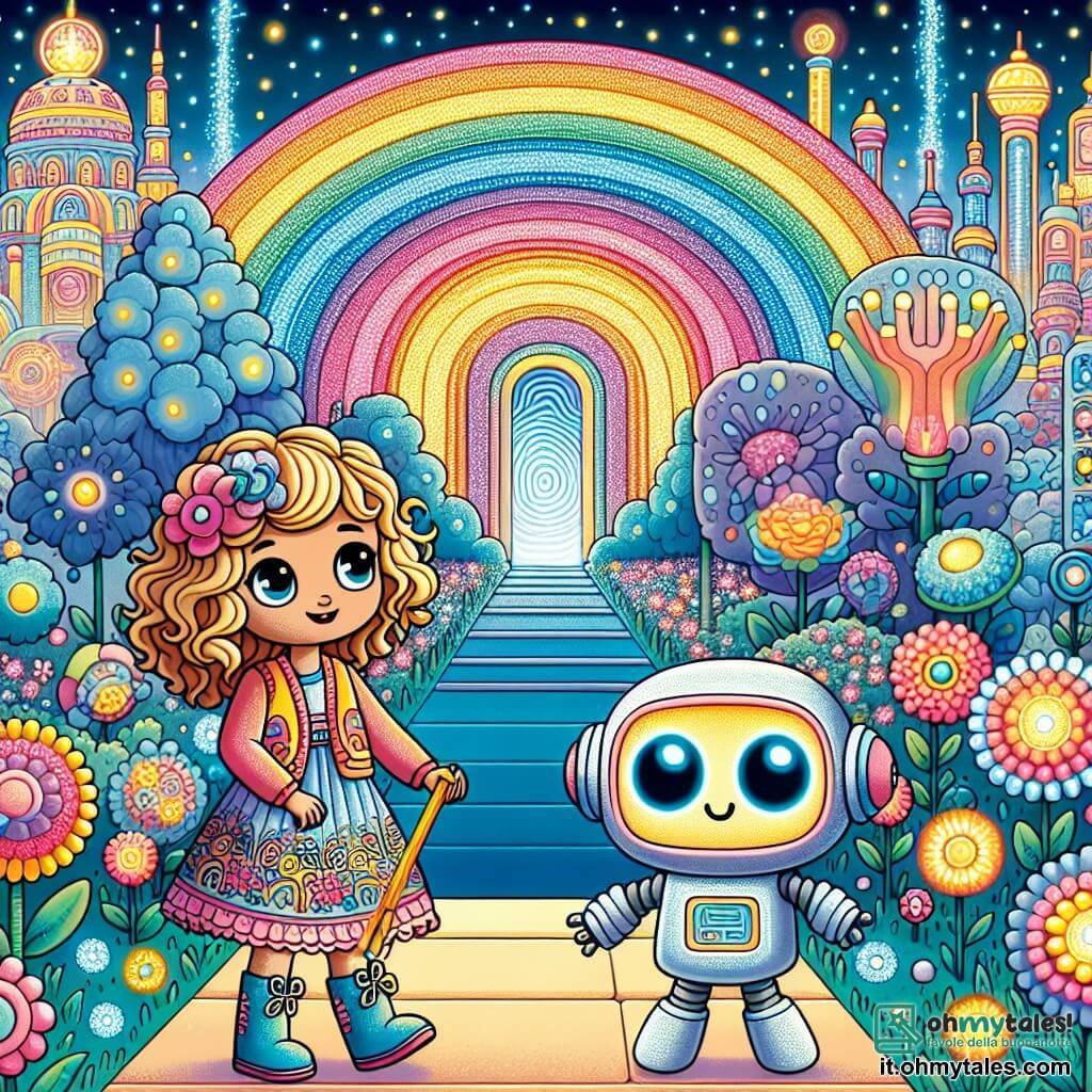 Une illustration sous forme de dessin destinée aux enfants représentant un parc futuriste de Lumiville, rempli de fleurs lumineuses et de bâtiments scintillants, avec une petite fille de 5 ans aux cheveux bouclés et blonds, portant une robe colorée, qui explore avec émerveillement un grand portique arc-en-ciel, accompagnée d'un petit robot bleu aux yeux brillants qui l'observe avec curiosité, tandis qu'un robot amical de forme humanoïde, avec des bras articulés et un sourire chaleureux, leur montre le chemin vers de nouvelles aventures.
