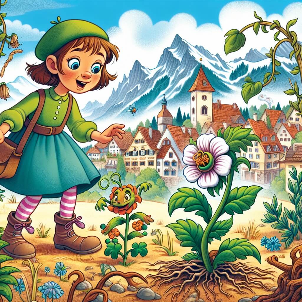 Une illustration destinée aux enfants représentant une jeune fille curieuse et énergique, découvrant une plante fanée dans un jardin aride, avec un adorable personnage de fleur magique comme son compagnon, dans une ville de campagne verdoyante entourée de magnifiques montagnes et d'un ciel bleu azur.