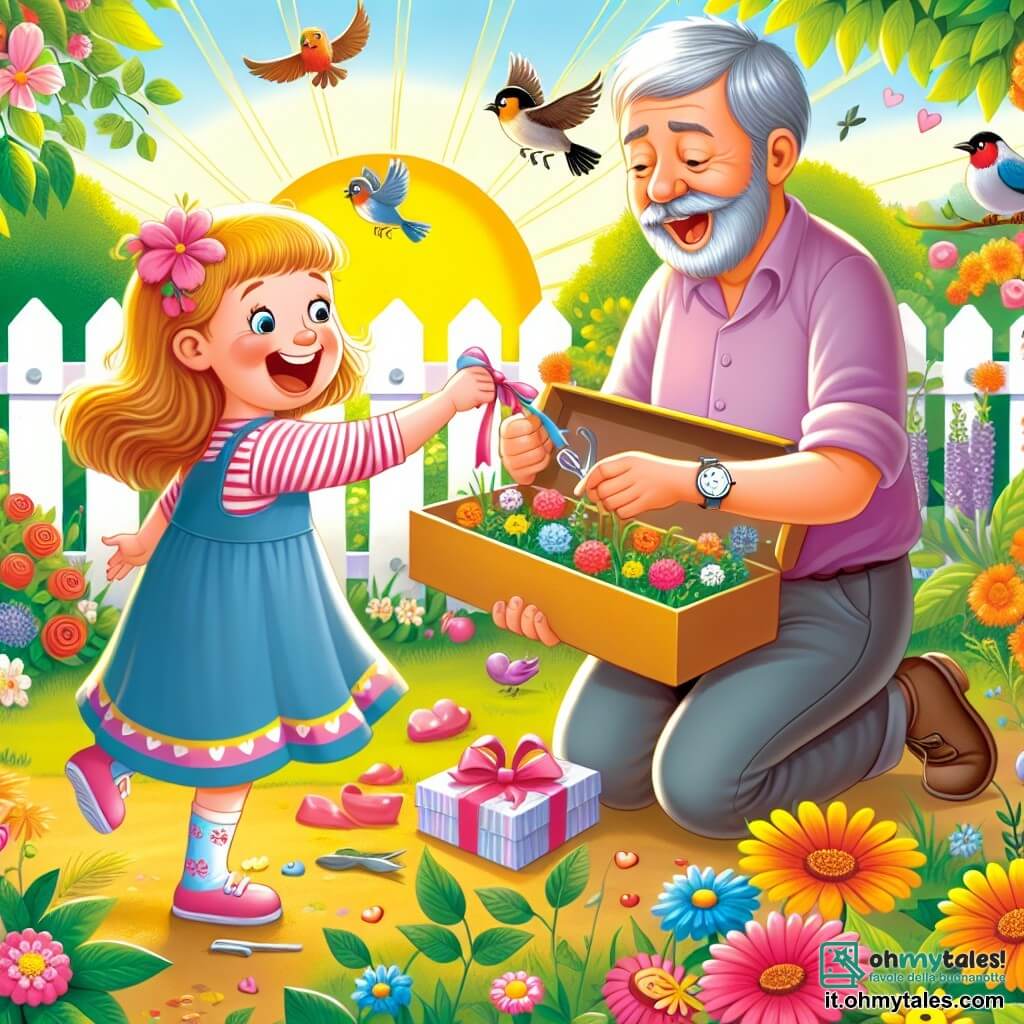 Une illustration destinée aux enfants représentant une fillette pleine d'enthousiasme préparant un cadeau spécial pour son papa, avec l'aide de son amie, dans un jardin ensoleillé rempli de fleurs colorées et d'oiseaux chantant.