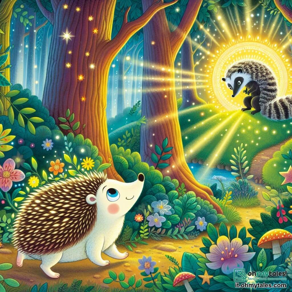 Une illustration destinée aux enfants représentant un hérisson curieux et aventurier, une lumineuse clairière enchantée, où il rencontre une lumineuse et sage civette.