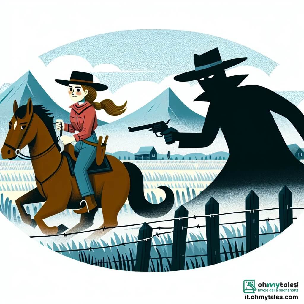 Une illustration destinée aux enfants représentant une cowgirl intrépide, chevauchant dans la vaste prairie de l'Oklahoma, avec un mystérieux étranger en noir qui menace de perturber sa tranquillité.