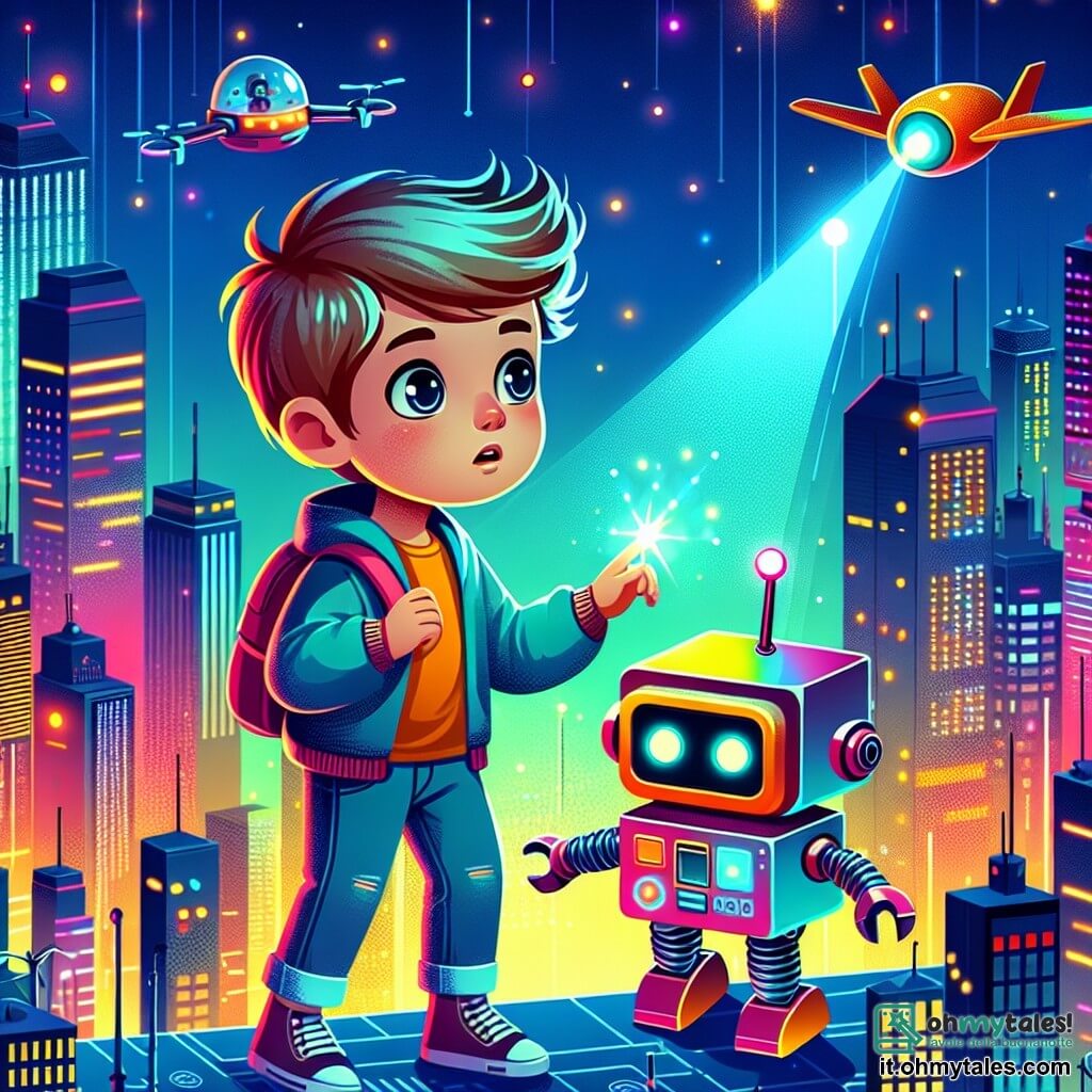 Une illustration destinée aux enfants représentant un garçon curieux explorant une ville futuriste pleine de robots, accompagné d'un robot coloré à l'antenne cassée, dans une Neon City scintillante aux palais lumineux et aux rues parcourues de véhicules volants.