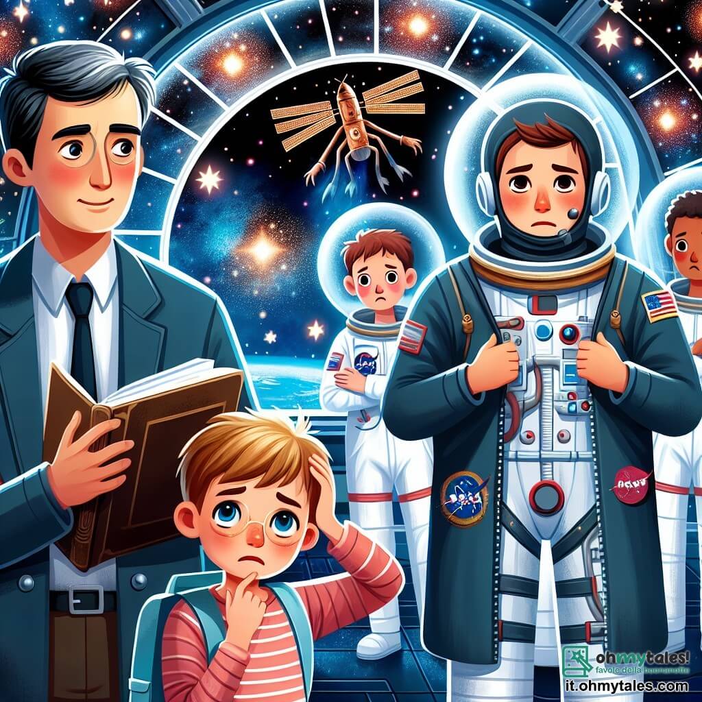Une illustration destinée aux enfants représentant un homme courageux et brillant, confronté à une entité mystérieuse dans l'espace, avec un groupe d'astronautes en détresse, entourés d'étoiles scintillantes et de la majestueuse Station Spatiale Internationale en arrière-plan.