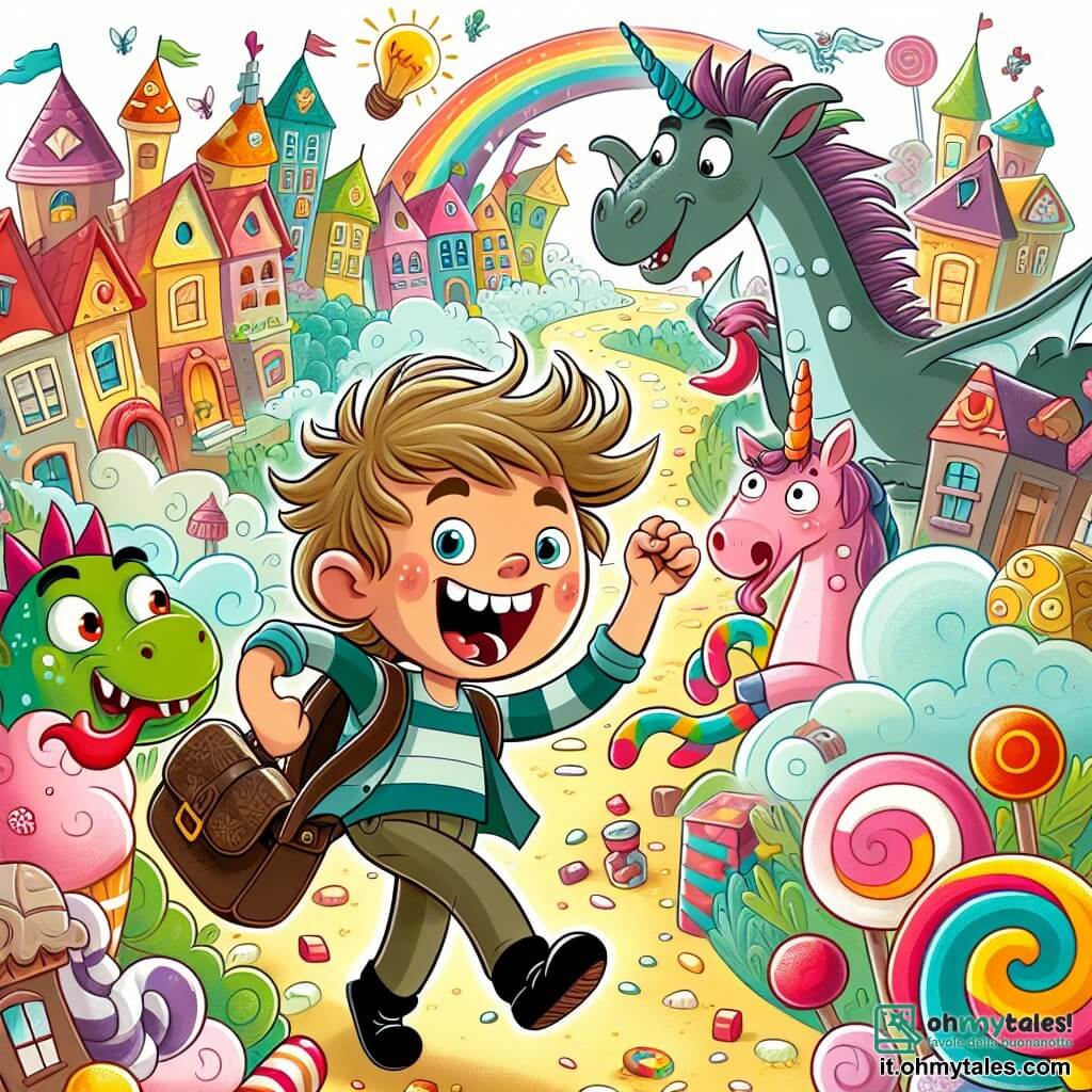 Une illustration destinée aux enfants représentant un garçon espiègle aux cheveux ébouriffés, se retrouvant embarqué dans une quête loufoque avec un dragon maladroit et une licorne rieuse, dans la ville fantastique de Nuageland aux maisons en forme de bonbons et aux rues pavées de sucre coloré.