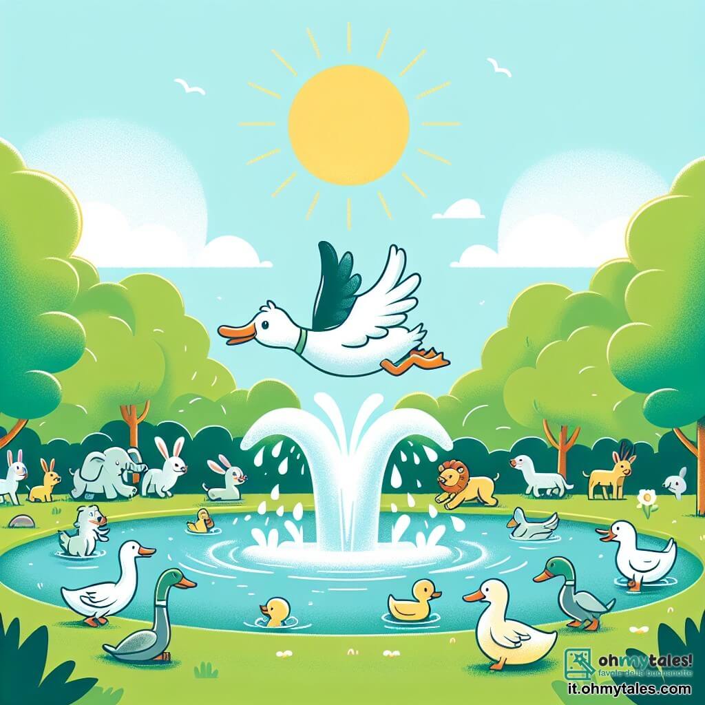 Une illustration destinée aux enfants représentant un canard garçon en train de faire des tuffi dans une fontana avec ses amis animaux dans un parc verdoyant et ensoleillé.