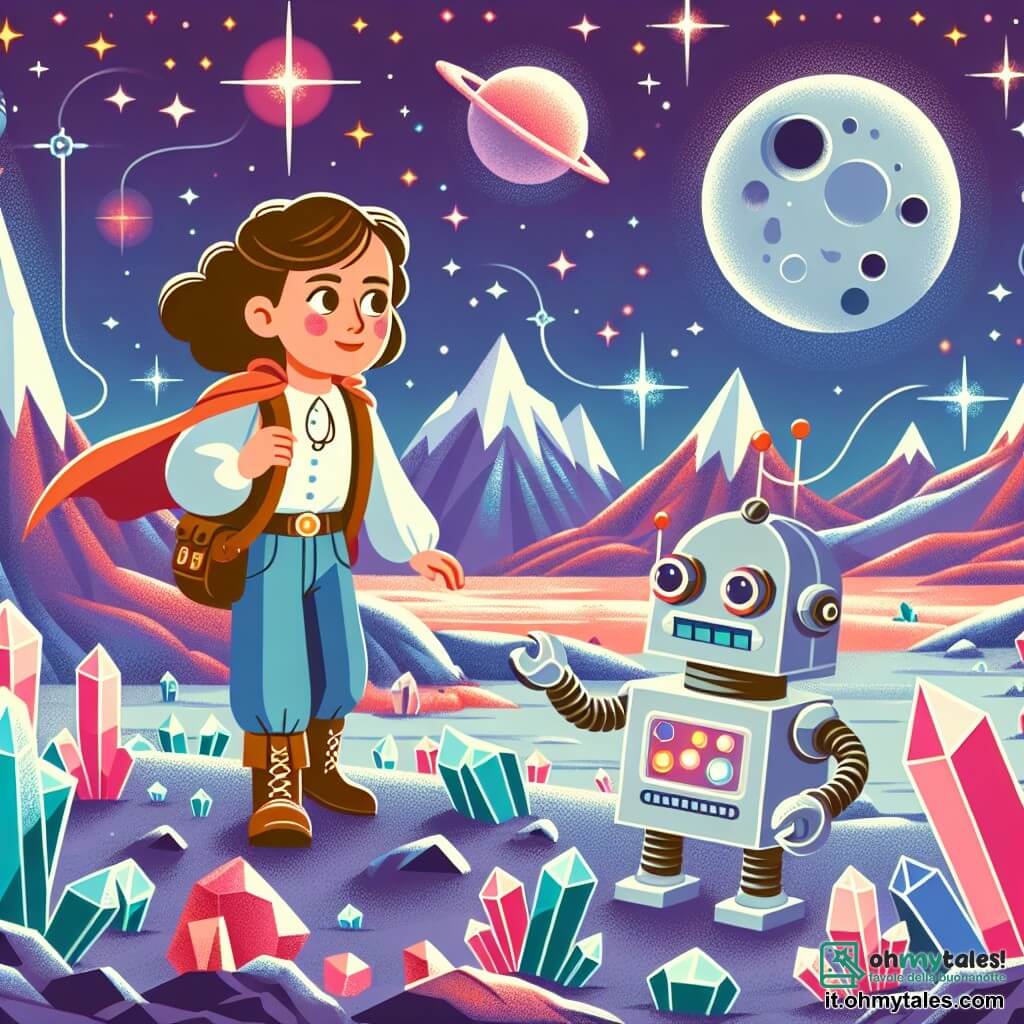 Une illustration destinée aux enfants représentant une jeune femme intrépide, un robot compagnon fidèle, explorant une planète lointaine aux paysages lunaires parsemés de cristaux scintillants et de montagnes colorées.