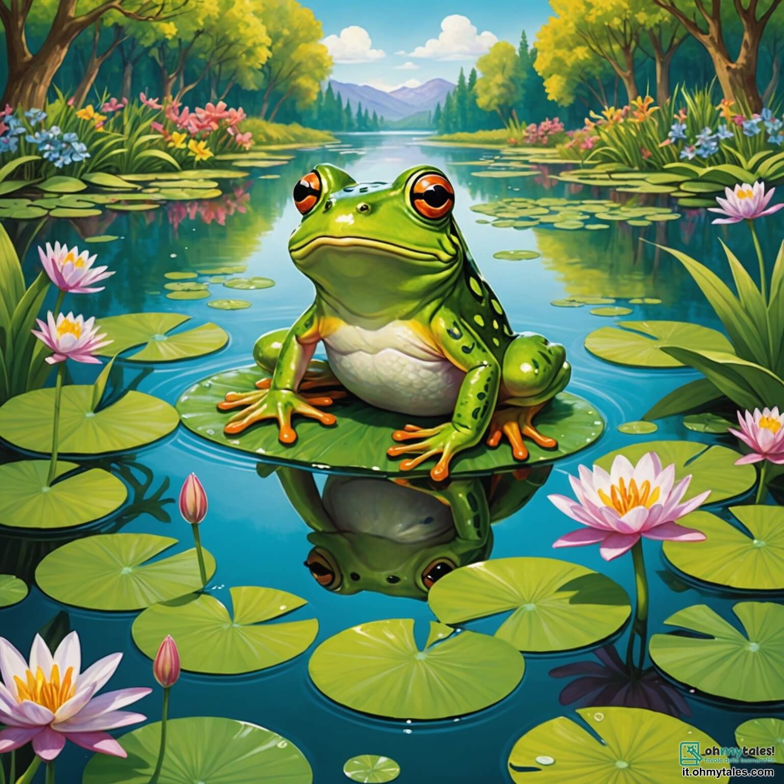 Une illustration destinée aux enfants représentant une petite grenouille au vert éclatant, aux yeux pétillants de curiosité, qui se tient joyeusement sur une feuille de nénuphar au milieu d'un lac scintillant, entourée de fleurs colorées qui dansent au gré du vent et d'arbres majestueux dont les branches s'étendent comme des bras protecteurs, tandis qu'elle se prépare à partir à l'aventure pour aider un petit lapin perdu, tout en écoutant les doux murmures des oiseaux perchés sur les branches, dans ce lieu enchanteur où la magie de la nature se mêle à l'amitié.