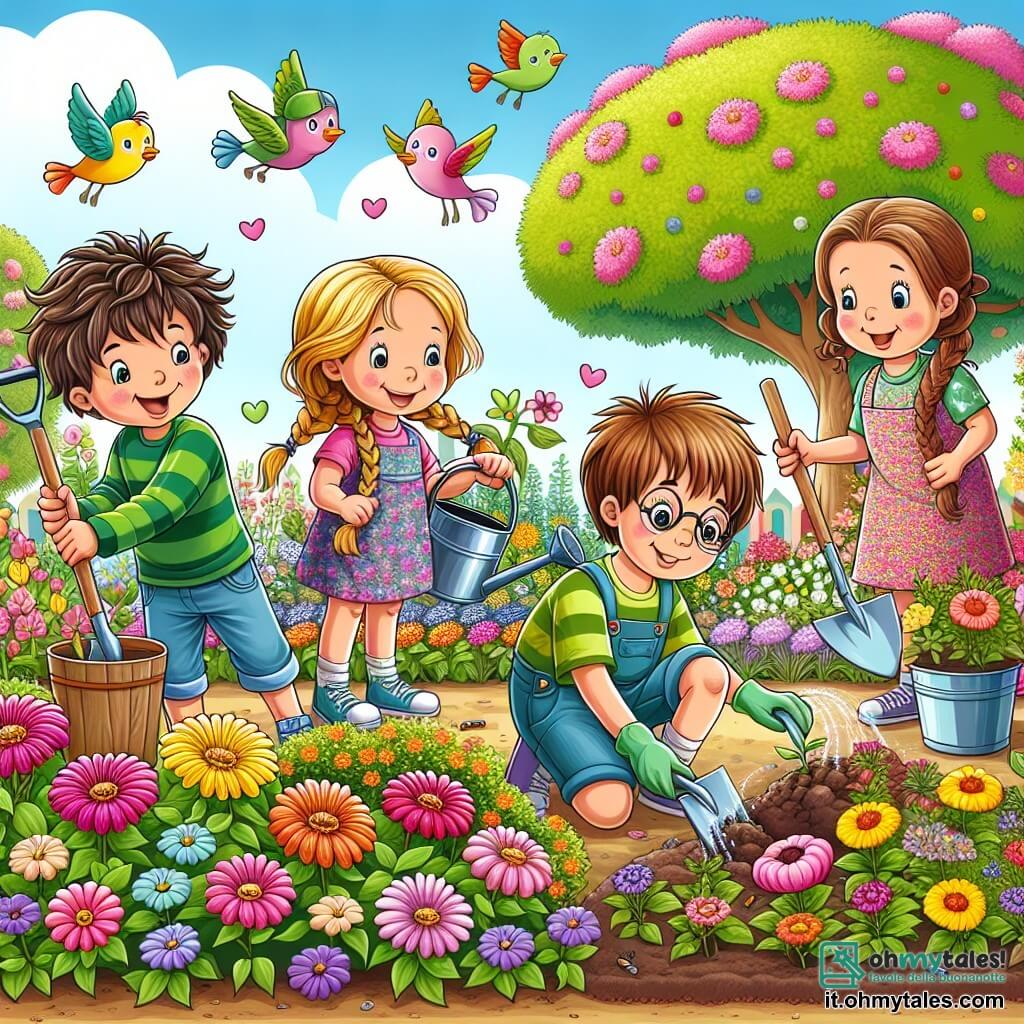 Illustrazione che rappresenta un magnifico giardino in piena fioritura, con fiori colorati di tutte le sfumature – rosa, giallo, viola – e alberi verdi che danzano dolcemente sotto la brezza. Al centro, un gruppo di quattro bambini, due ragazzi e due ragazze, sta piantando fiori. Il primo ragazzo, di circa 10 anni, ha capelli castani disordinati e indossa una maglietta verde e pantaloni corti blu. È accucciato, con una piccola pala in mano e un grande sorriso sul volto. La seconda ragazza, anch'essa di circa 10 anni, ha lunghi capelli biondi intrecciati e indossa un vestito a fiori. Tiene un annaffiatoio e annaffia delicatamente una pianta appena piantata. Il terzo bambino è un ragazzo di 9 anni, con occhiali e capelli castani, che raccoglie rifiuti con un guanto, mostrando un'espressione concentrata. La quarta ragazza, di 8 anni, ha capelli ricci e indossa una maglietta rosa. Sta disegnando un grande cartello con pastelli colorati, su cui si legge "Proteggiamo la natura!". Sullo sfondo, si intravede un cielo azzurro chiaro e alcuni uccelli che volano gioiosamente. Farfalle colorate svolazzano intorno ai fiori, aggiungendo un tocco di magia alla scena. Strumenti da giardinaggio sono sparsi intorno a loro, e un grande cartello di legno con la parola "Ecologia" è piantato nel terreno.