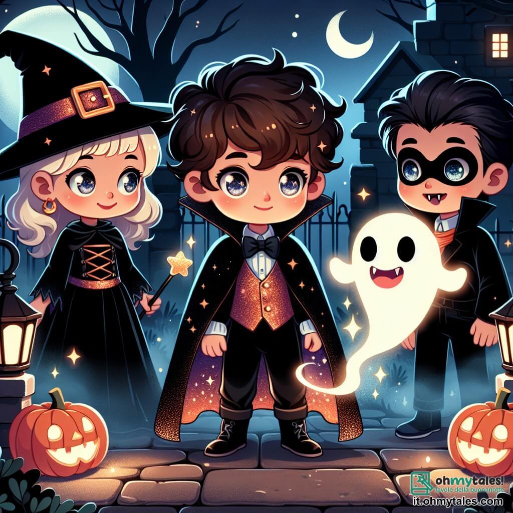 Une illustration sous forme de dessin destinée aux enfants représentant une nuit d'Halloween magique dans la petite ville de Zuccalandia, avec un garçon de 5 ans aux cheveux bouclés et aux yeux pétillants, portant un costume de magicien noir avec un manteau scintillant et une masques dorée, se tenant au centre de la scène, entouré de ses amis : une fille en costume de sorcière avec un chapeau pointu et une robe noire, et un garçon déguisé en vampire avec des dents pointues et une cape rouge, tous trois émerveillés par un fantôme bienveillant flottant devant eux, illuminé par la lueur des lanternes en forme de citrouille, tandis qu'une brume légère enveloppe les ruines mystérieuses en arrière-plan, créant une atmosphère à la fois magique et légèrement effrayante.