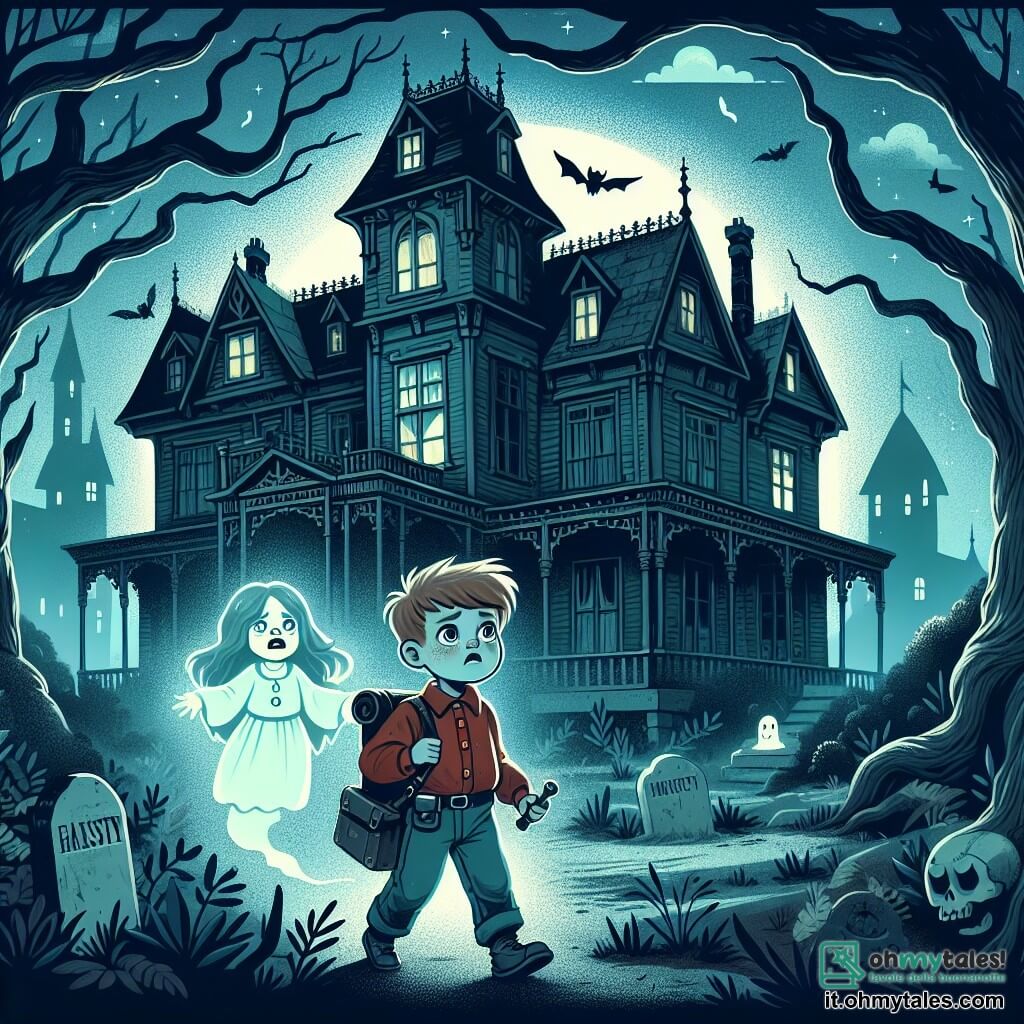Une illustration destinée aux enfants représentant un garçon aventurier découvrant une villa hantée, accompagné d'un esprit de fillette triste, dans une sombre demeure abandonnée entourée d'arbres lugubres et de mystères.